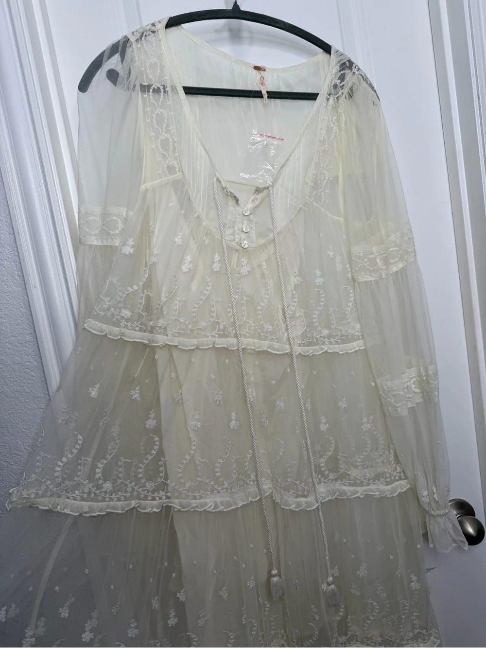 Free People Stevie Embroidered Sheer Mesh Maxi Dress Size Small Ivory